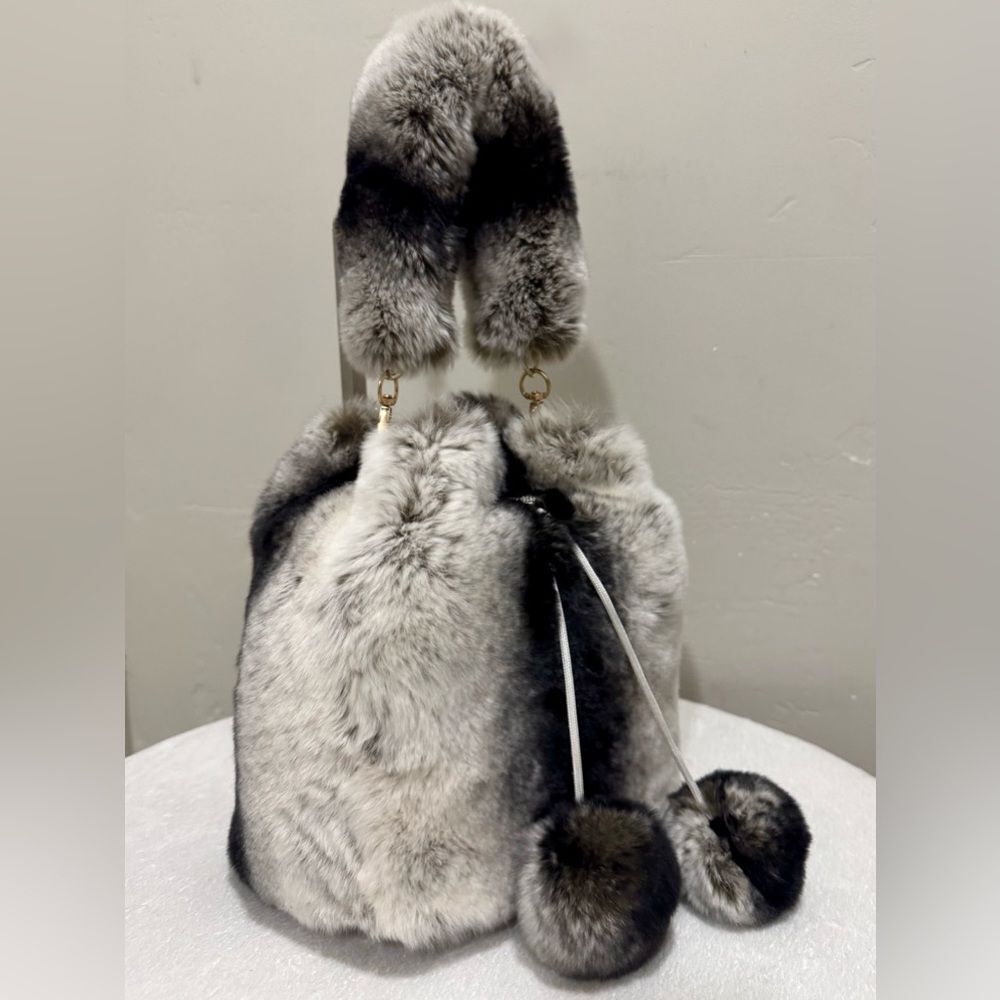 Handmade 2 Tone Real Rex Rabbit Fur Drawstring Bucket Bag,Includes 2 Straps - Picture 3 of 15